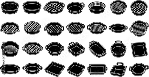Food  Baking Industry Cookware Glyph Icons Set: Black and White Line Art Collection of Various Oven Pans, Roasting Dishes, and Pie Plates