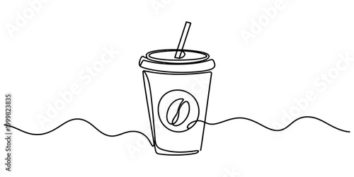 Continuous single line drawing of a disposable coffee cup with a straw and a bean logo for a cafe menu design or a simple modern drink illustration