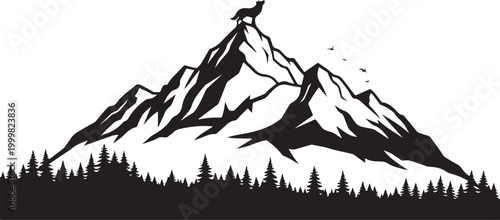 Mountain, Snowy Peak, Black Silhouette, Vector Illustration, Nature Landscape