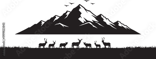 Mountain, deer, landscape, silhouette, vector, black, white, nature, scenic, wildlife
