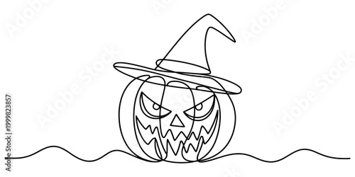 Continuous single line drawing of a scary halloween pumpkin wearing a witch hat as a minimal vector illustration for holiday celebration and design