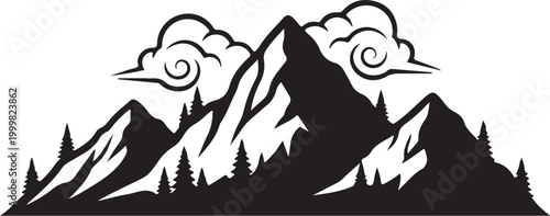 Mountain range silhouette, snow-capped peaks, forest landscape, black vector icon