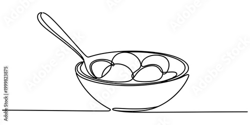 Continuous one line drawing of a bowl of cereal with a spoon for breakfast meal concept in a simple minimalist style for food and kitchen design
