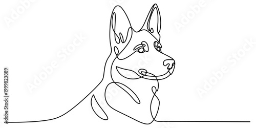 Continuous single line drawing of a german shepherd dog head profile looking away with minimalist artistic style and clean black lines for design