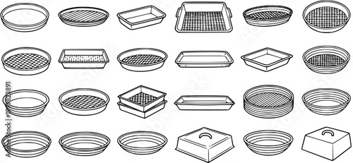 Gardening  Sprouting Trays Vector Icon Set: Seedling Containers, Draining Pots  Lids in Black and White Outline Art