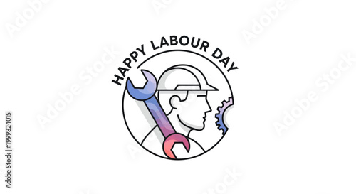 Minimalist vector illustration for employee appreciation featuring a worker in a hard hat holding a wrench and gear against a clean white background, symbolizing teamwork and workforce