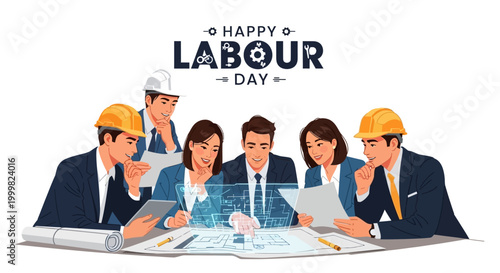 A diverse team of professional workers, including construction and office staff, collaborate on a blueprint in a bright, modern setting to celebrate Labour Day with teamwork and a spirit