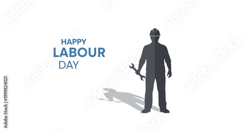 Silhouette illustration celebrating Labour Day showcasing a construction worker holding a wrench against a clean white background, symbolizing workforce appreciation and the working class