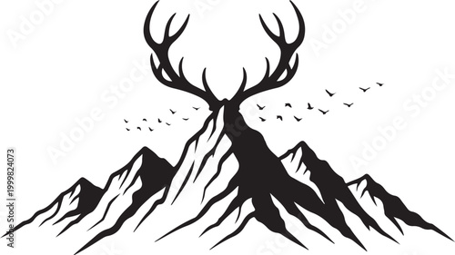 Deer Antler Mountain, Wildlife Vector, Black Silhouette, Nature Icon