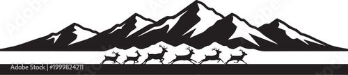 Wildlife, mountain, deer herd, landscape vector illustration, black and white