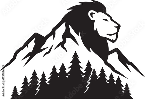 Black lion head silhouette, mountain landscape, pine trees, vector icon