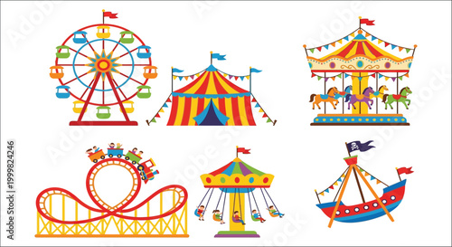 amusement park icons set with ferris wheel tent carousel castle roller coaster swing boat ride train