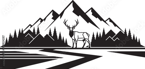 Deer, mountains, forest landscape, black silhouette vector