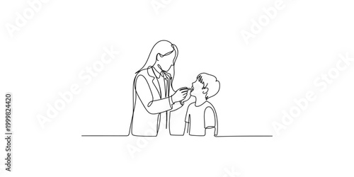 A woman giving a child a vaccination or medical examination in a simple line drawing style on isolated white background