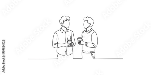 Two young adults chatting and holding coffee cups in a simple line drawing style