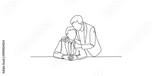 Continuous line drawing of a man comforting another man sitting at a table