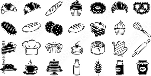 Bakery and Baking Black  White Line Art Icon Set. Collection of Food Glyph Symbols featuring Bread, Pastries, Desserts, and Kitchen Tools.