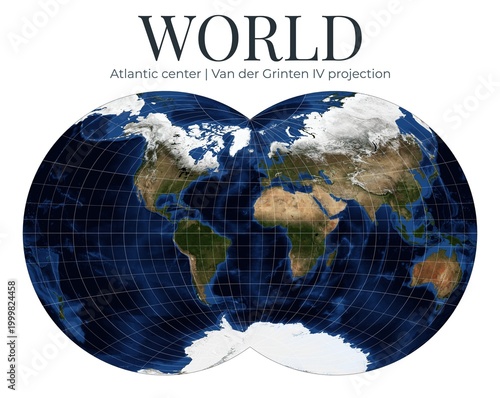 World Map in Van der Grinten IV projection. High detail physical map. Atlantic center. April View. Elements of this image furnished by NASA.