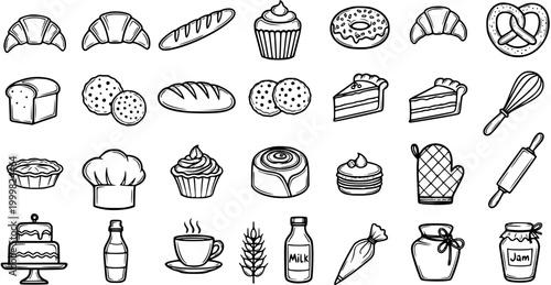 Hand Drawn Bakery and Food Icons Set in Black and White Line Art Style. Collection of Pastries, Breads, Desserts, and Baking Tools Doodles.