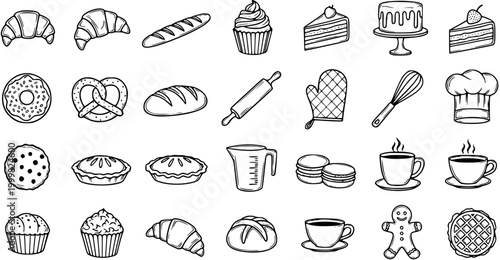 Baking and Bakery Hand-drawn Line Art Icon Set. Black and White Outline Doodles of Pastries, Desserts, Tools, and Coffee for Food Industry.