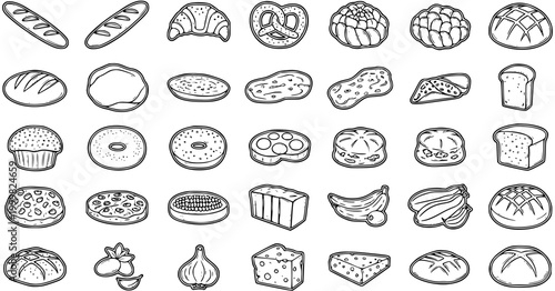 Food  Bakery Black  White Line Art Icons Set. Outline collection of various bread, pastries, cheese, fruit, and vegetable items.
