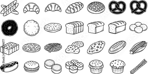 Bakery and Bread Food Line Art Icons Set. Black and White Hand-drawn Outline Collection of Dough Products, Pastries, and Baked Goods.