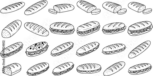 Food  Bakery Black and White Line Art Pattern: Hand Drawn Loaves of Bread, Baguettes, and Submarine Sandwiches for Deli Menus  Snack Bar Illustrations