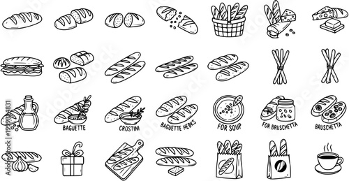 Food  Bakery Industry Hand-Drawn Line Art Icons Set featuring Bread, Baguettes, Sandwiches, Bruschetta, Crostini, and Related Items.