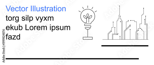 Sustainability, urban development, innovation, clean energy, modern design, eco-friendly technology. Light bulb with leaf inside and city skyline. Sustainability and urban development concept