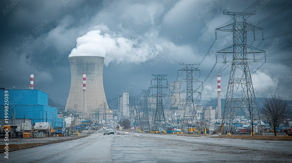 Obraz premium Industrial Power Plant Site with Emitting Cooling Tower, High-Voltage Transmission Pylons, Wet Road and Overcast Sky, Energy Generation Infrastructure