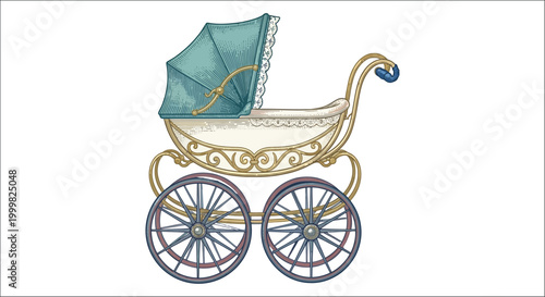 vintage baby carriage with ornate design and blue canopy