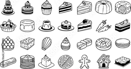 Black and White Line Art Food Icons: Hand-drawn Collection of Delicious Desserts, Bakery Cakes, Pastries, and Sweet Treats for Confectionery