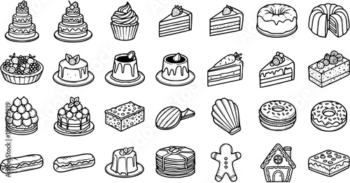 Black and White Line Art Dessert and Bakery Icons Set. Hand-Drawn Outline Collection of Sweet Food, Cakes, and Pastries for Confectionery Niche.