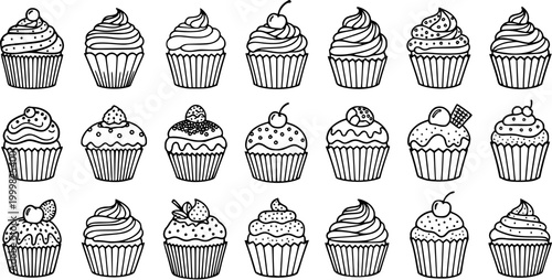 Black and White Line Art Vector of Various Delicious Cupcakes