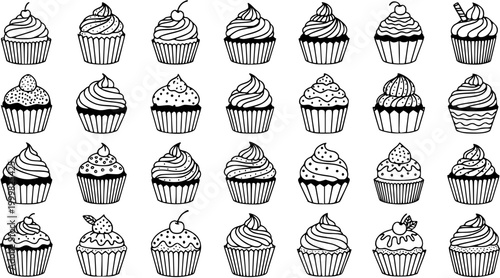 Black and White Line Art Pattern of Various Cupcakes with Swirl Frosting, Perfect for Food and Bakery Design