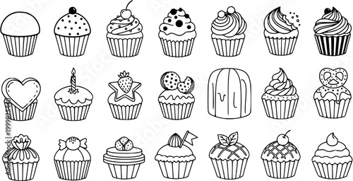 Black and White Line Art Doodle Collection of Various Sweet Cupcakes, Muffins, and Dessert Icons for Food and Bakery Designs