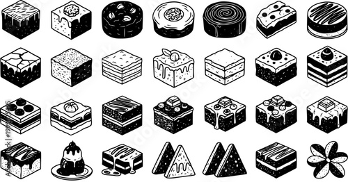 Black and White Line Art of Various Delicious Desserts and Cakes, Food Vector Illustration