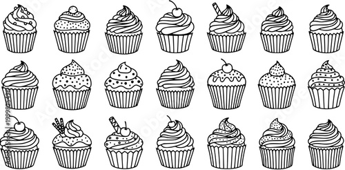 Black and White Line Art Collection of Various Delicious Cupcakes, Desserts, Baking, Sweet Food Icons