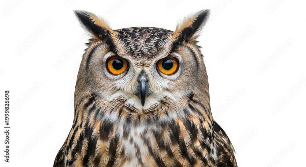 Obraz premium Close-up portrait of a great horned owl with intense orange eyes, bird of prey