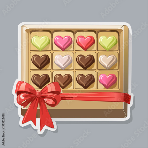 Box of Heart-Shaped Chocolates with Red Ribbon