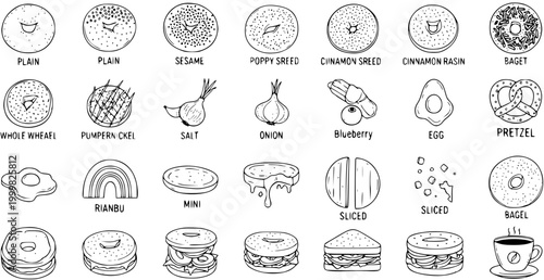 Hand-drawn Black and White Line Art of Bagel Varieties and Ingredients, Food Icons
