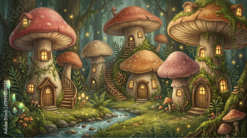 Enchanted Mushroom House Village in Lush Green Forest