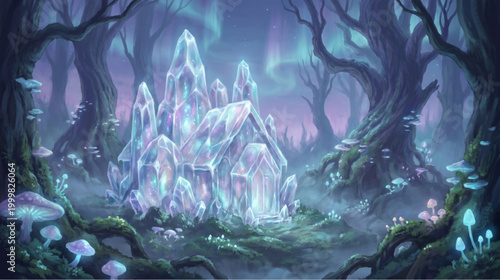 Magical Glowing Crystal Ice House in Dark Mystic Forest