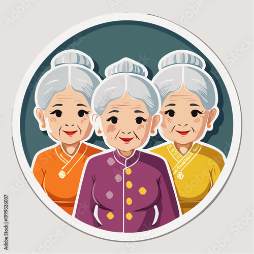 Three elderly women with grey hair in traditional clothing