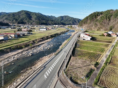 Clear sky above winding river and village