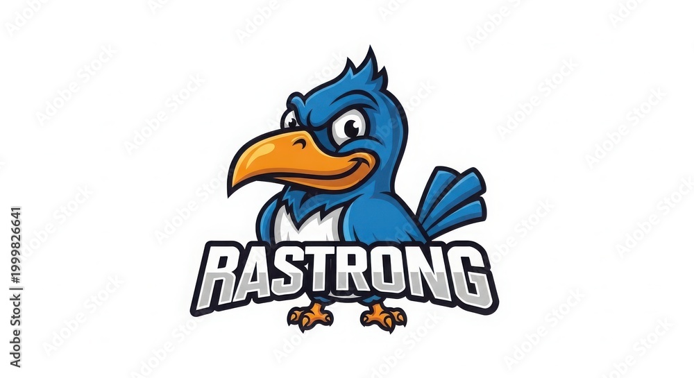 Obraz premium Cartoon blue bird mascot with rastrong text character illustration stylized
