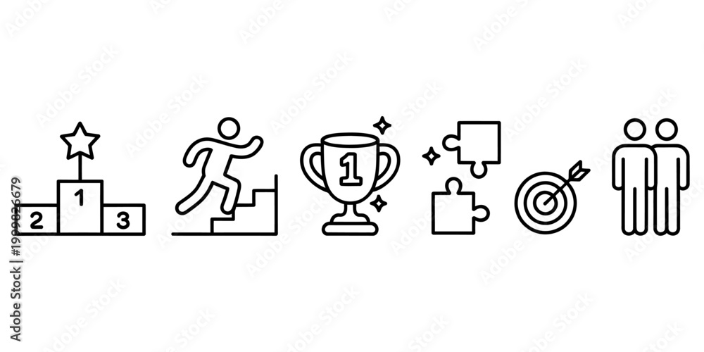 Fototapeta premium Business success and career growth icons set featuring winners podium trophy climbing stairs puzzle target and teamwork symbols in a clean line art style Vector, illustration