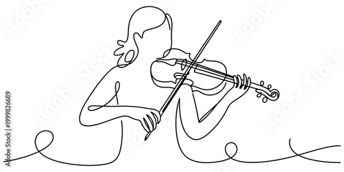 Continuous single line drawing of a woman playing the violin with a bow showing a musical performance in a simple artistic and minimalist style illustration Vector, illustration