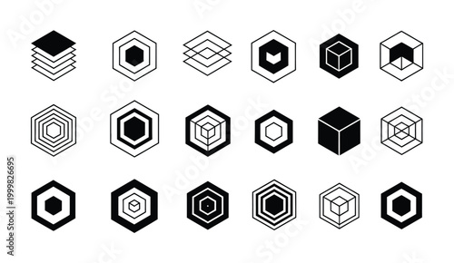 Fotografie Isometric cube vector set in black and white geometric style for architecture, d