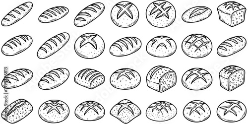 Black and White Line Art Set of Various Freshly Baked Bread Loaves and Rolls, Hand-Drawn Outline Icons for Food Industry and Bakery Designs